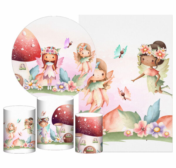 Kit Casado Fadas Painel Redondo Trio Capas Cilindro Retangular Vertical Em Tecido