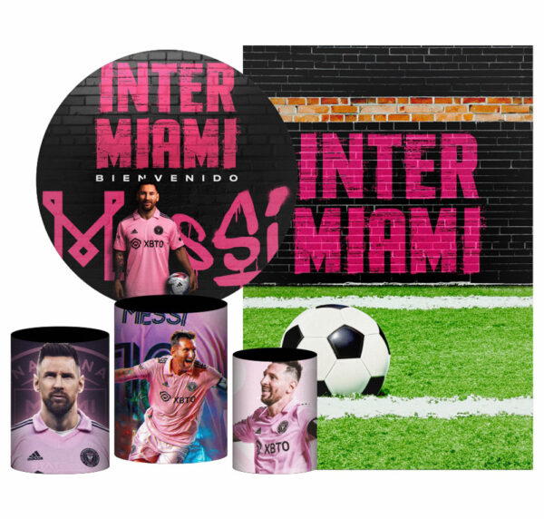 Kit Casado Inter Miami Messi Painel Redondo Trio Capas Cilindro Retangular Vertical Em Tecido