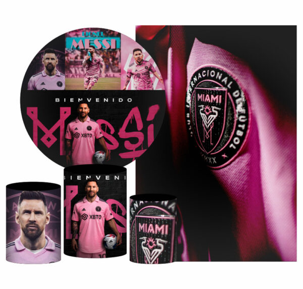 Kit Casado Inter Miami Messi Painel Redondo Trio Capas Cilindro Retangular Vertical Em Tecido
