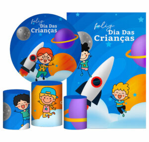 Kit Casado Dia das Crianças Painel Redondo Trio Capas Cilindro Retangular Vertical Em Tecido