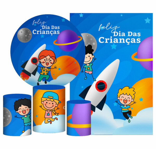 Kit Casado Dia das Crianças Painel Redondo Trio Capas Cilindro Retangular Vertical Em Tecido