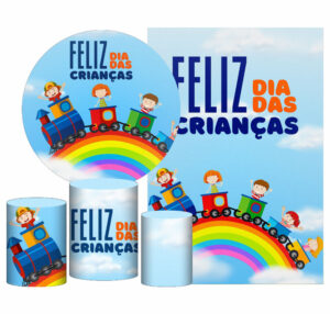Kit Casado Dia das Crianças Painel Redondo Trio Capas Cilindro Retangular Vertical Em Tecido