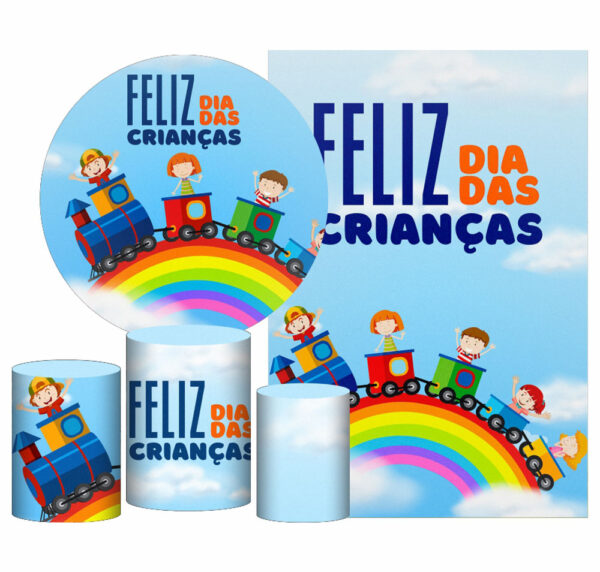 Kit Casado Dia das Crianças Painel Redondo Trio Capas Cilindro Retangular Vertical Em Tecido
