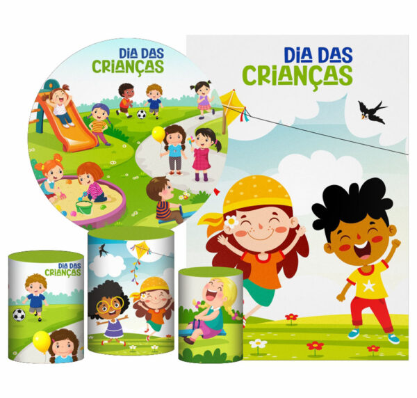 Kit Casado Dia das Crianças Painel Redondo Trio Capas Cilindro Retangular Vertical Em Tecido