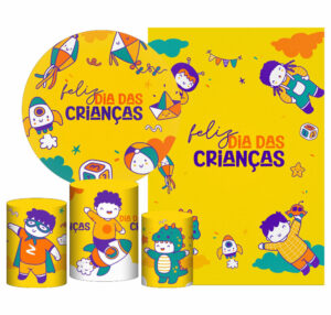 Kit Casado Dia das Crianças Painel Redondo Trio Capas Cilindro Retangular Vertical Em Tecido