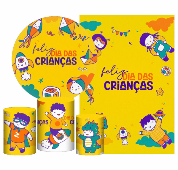 Kit Casado Dia das Crianças Painel Redondo Trio Capas Cilindro Retangular Vertical Em Tecido