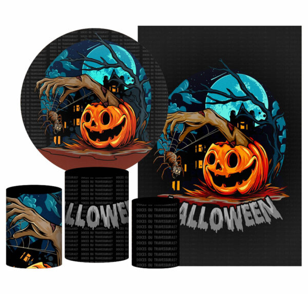 Kit Casado Hallowen Painel Redondo Trio Capas Cilindro Retangular Vertical Em Tecido