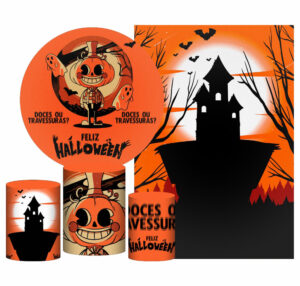 Kit Casado Hallowen Painel Redondo Trio Capas Cilindro Retangular Vertical Em Tecido