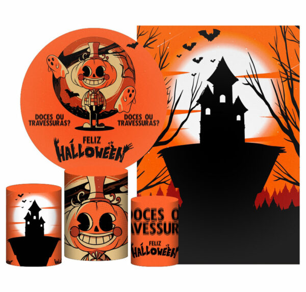 Kit Casado Hallowen Painel Redondo Trio Capas Cilindro Retangular Vertical Em Tecido