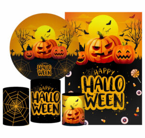 Kit Casado Hallowen Painel Redondo Trio Capas Cilindro Retangular Vertical Em Tecido