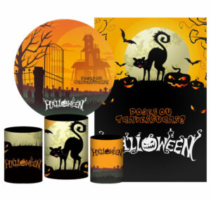 Kit Casado Hallowen Painel Redondo Trio Capas Cilindro Retangular Vertical Em Tecido