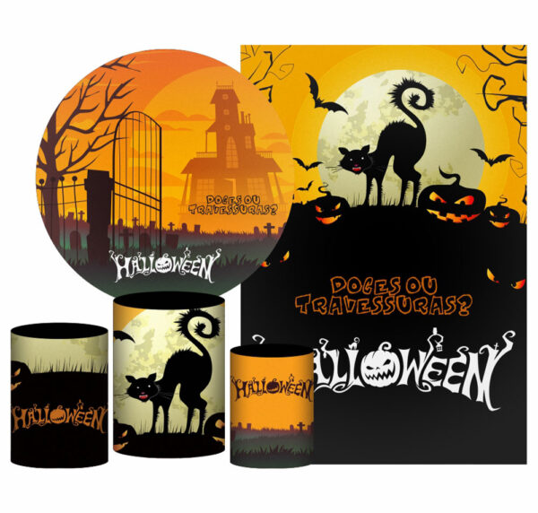 Kit Casado Hallowen Painel Redondo Trio Capas Cilindro Retangular Vertical Em Tecido