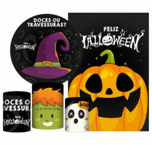 Kit Casado Hallowen Painel Redondo Trio Capas Cilindro Retangular Vertical Em Tecido