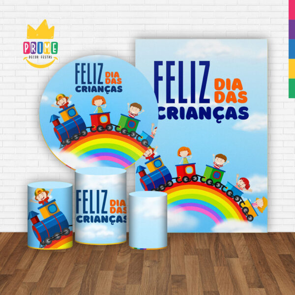 Kit Casado Dia das Crianças Painel Redondo Trio Capas Cilindro Retangular Vertical Em Tecido - Image 2