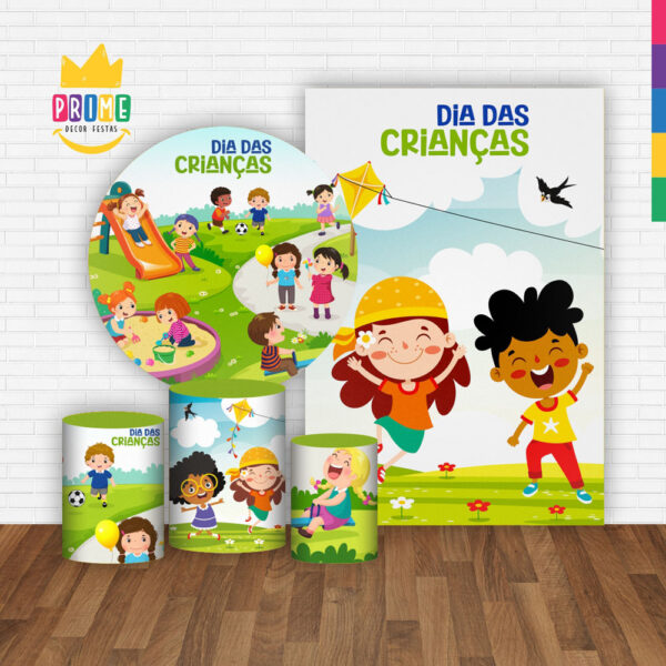 Kit Casado Dia das Crianças Painel Redondo Trio Capas Cilindro Retangular Vertical Em Tecido - Image 2