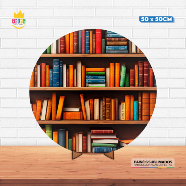 Painel Redondo 3D Estante Livros Tecido 50cm X 50cm Com Suporte MDF