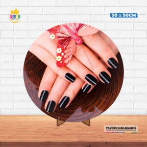 Painel Redondo 3D Unhas Manicure Tecido 50cm X 50cm Com Suporte MDF