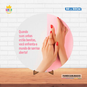 Painel Redondo 3D Unhas Manicure Tecido 50cm X 50cm Com Suporte MDF