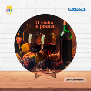 Painel Redondo 3D Vinho Tecido 50cm X 50cm Com Suporte MDF