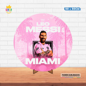 Painel Redondo 3D Inter Miami Messi Tecido 50cm X 50cm Com Suporte MDF