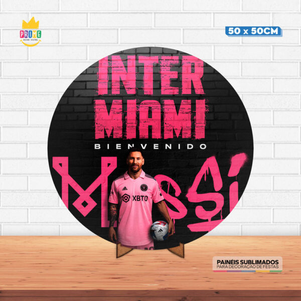 Painel Redondo 3D Inter Miami Messi Tecido 50cm X 50cm Com Suporte MDF