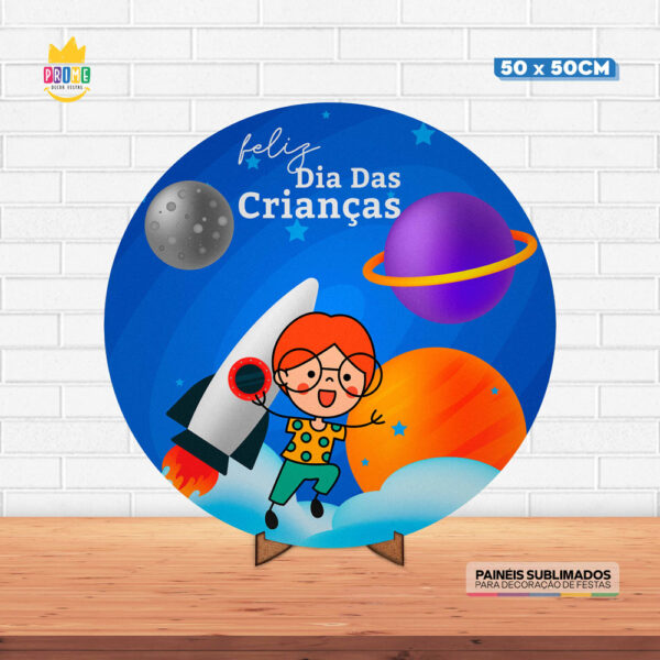 Painel Redondo 3D Dia das Crianças Tecido 50cm X 50cm Com Suporte MDF