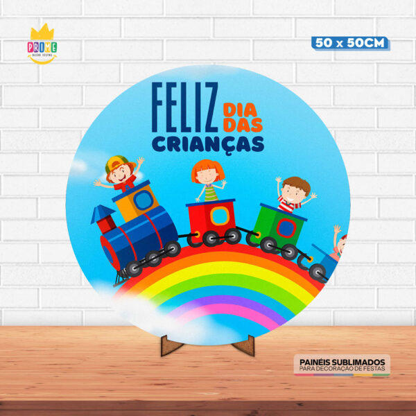 Painel Redondo 3D Dia das Crianças Tecido 50cm X 50cm Com Suporte MDF