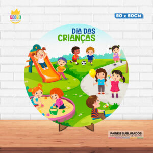 Painel Redondo 3D Dia das Crianças Tecido 50cm X 50cm Com Suporte MDF