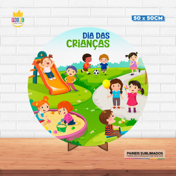 Painel Redondo 3D Dia das Crianças Tecido 50cm X 50cm Com Suporte MDF