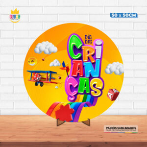 Painel Redondo 3D Dia das Crianças Tecido 50cm X 50cm Com Suporte MDF