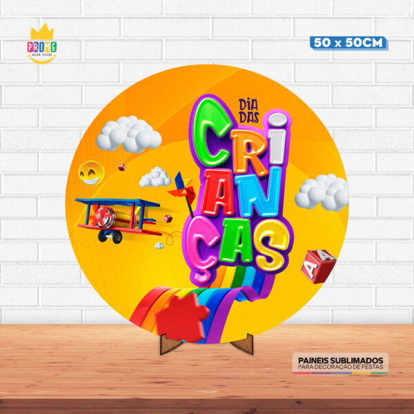 Painel Redondo 3D Dia das Crianças Tecido 50cm X 50cm Com Suporte MDF