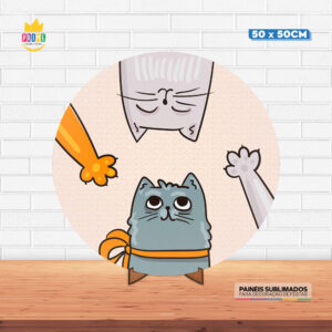 Painel Redondo 3D Gatos Tecido 50cm X 50cm Com Suporte MDF