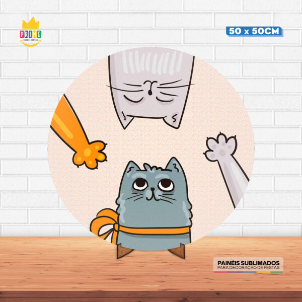 Painel Redondo 3D Gatos Tecido 50cm X 50cm Com Suporte MDF