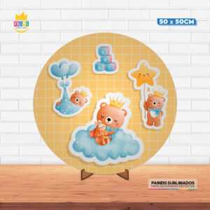 Painel Redondo 3D Ursinhos Tecido 50cm X 50cm Com Suporte MDF