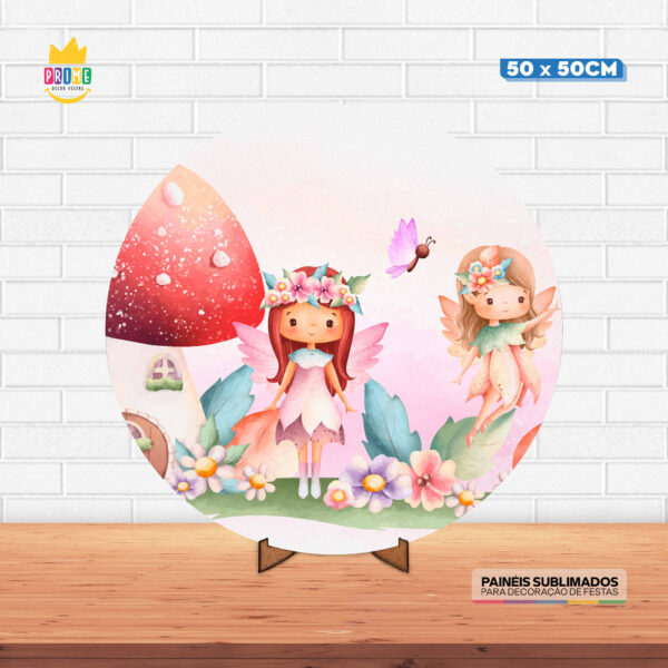 Painel Redondo 3D Fadas Tecido 50cm X 50cm Com Suporte MDF