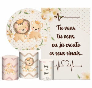 Kit Casado Leãozinho Painel Redondo Trio Capas Cilindro Retangular Vertical Em Tecido