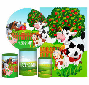 Kit Casado Fazendinha Painel Redondo Trio Capas Cilindro Retangular Vertical Em Tecido