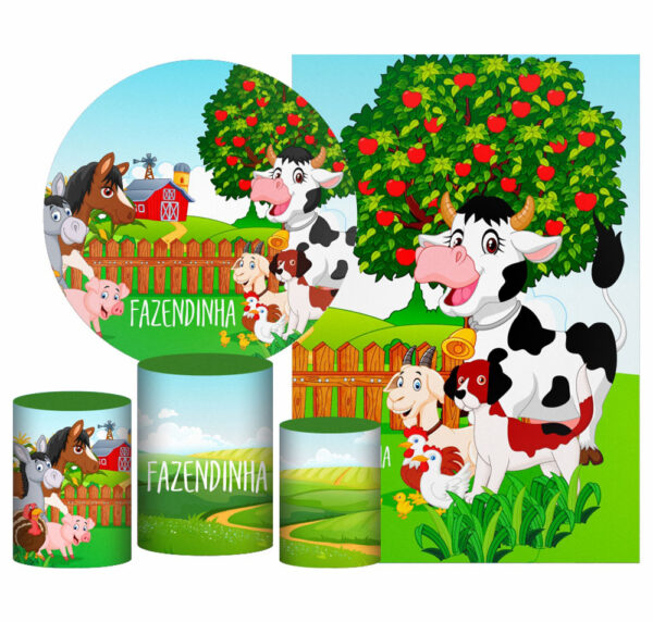 Kit Casado Fazendinha Painel Redondo Trio Capas Cilindro Retangular Vertical Em Tecido