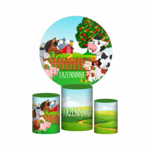 Trio Capa Cilindro + Painel Redondo 3D Fazendinha 1,50m Veste Fácil