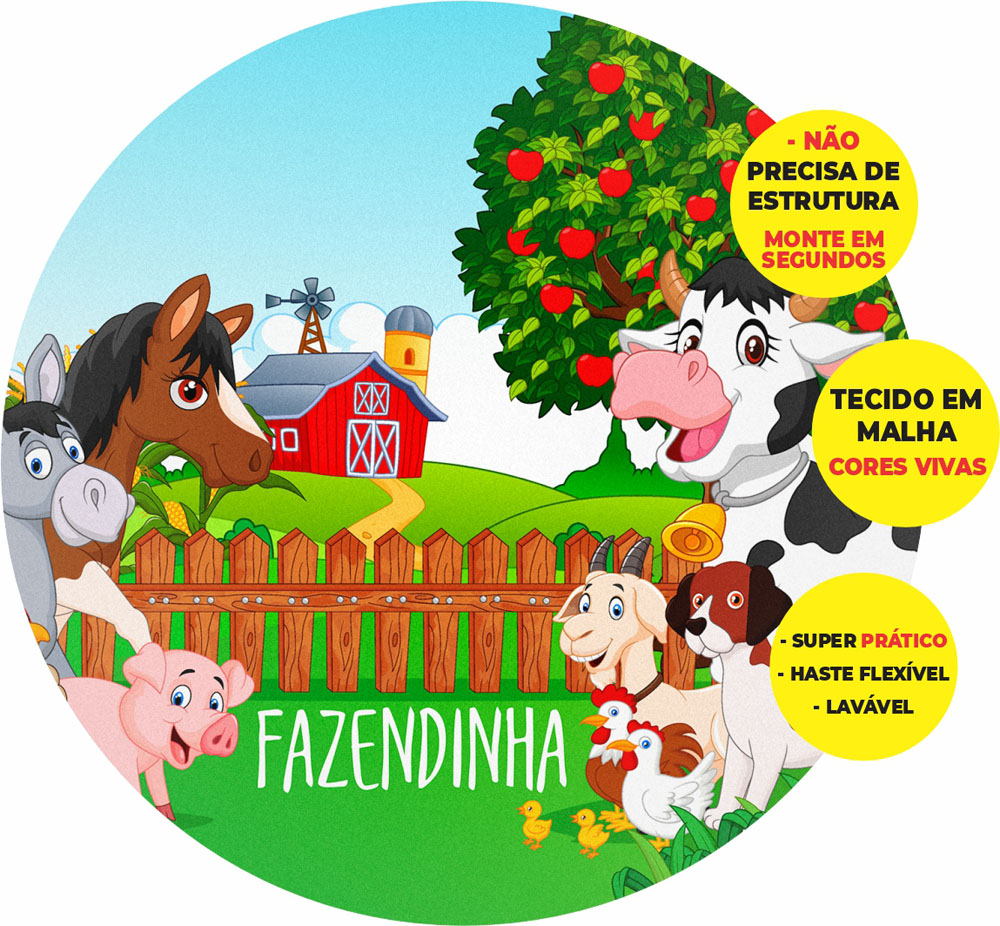 Painel Redondo 3D Fazendinha Abre Fácil Tecido 1,50m X 1,50m
