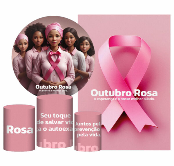 Kit Casado Outubro Rosa Painel Redondo Trio Capas Cilindro Retangular Vertical Em Tecido
