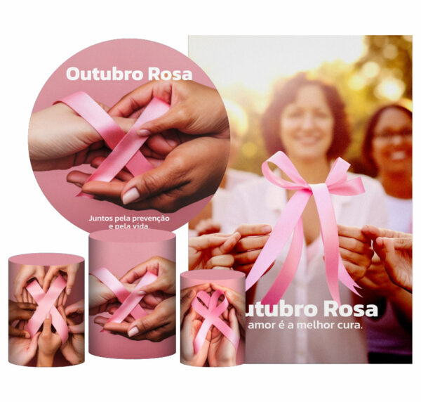 Kit Casado Outubro Rosa Painel Redondo Trio Capas Cilindro Retangular Vertical Em Tecido