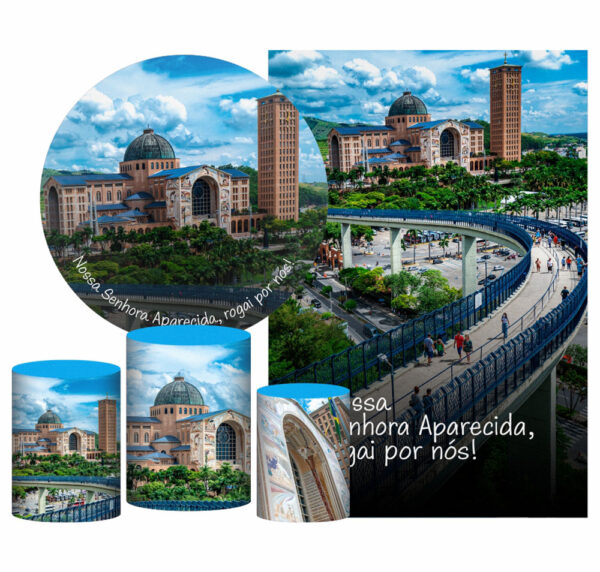 Kit Casado Nossa Senhora Aparecida Painel Redondo Trio Capas Cilindro Retangular Vertical Em Tecido
