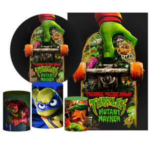 Kit Casado Tartarugas Ninjas Painel Redondo Trio Capas Cilindro Retangular Vertical Em Tecido