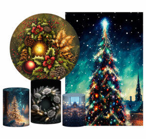 Kit Casado Natal  Painel Redondo Trio Capas Cilindro Retangular Vertical Em Tecido