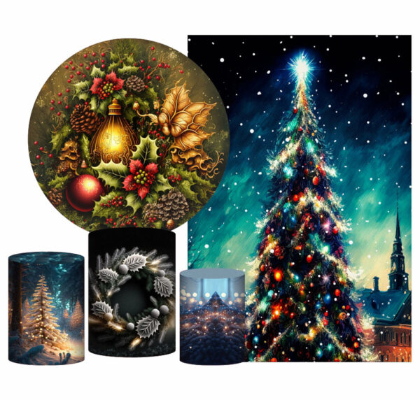 Kit Casado Natal  Painel Redondo Trio Capas Cilindro Retangular Vertical Em Tecido