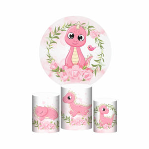 Trio Capa Cilindro + Painel Redondo 3D Dinossauro Cute 1,50m Veste Fácil
