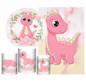 Kit Casado Dinossauro Cute Painel Redondo Trio Capas Cilindro Retangular Vertical Em Tecido