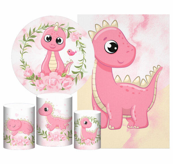 Kit Casado Dinossauro Cute Painel Redondo Trio Capas Cilindro Retangular Vertical Em Tecido