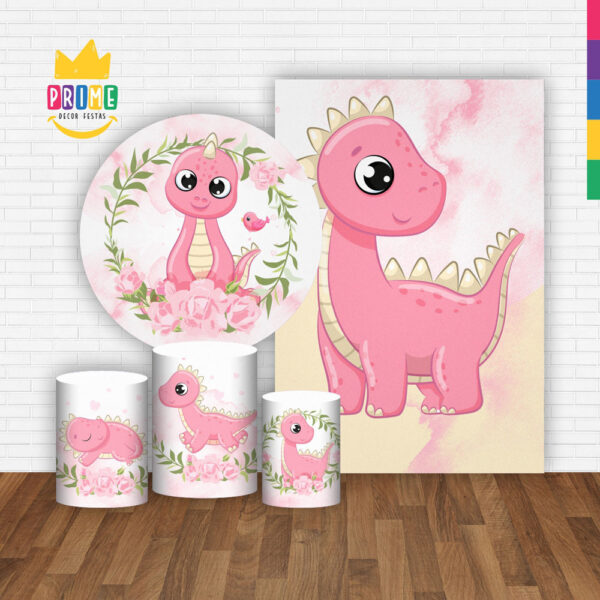 Kit Casado Dinossauro Cute Painel Redondo Trio Capas Cilindro Retangular Vertical Em Tecido - Image 2